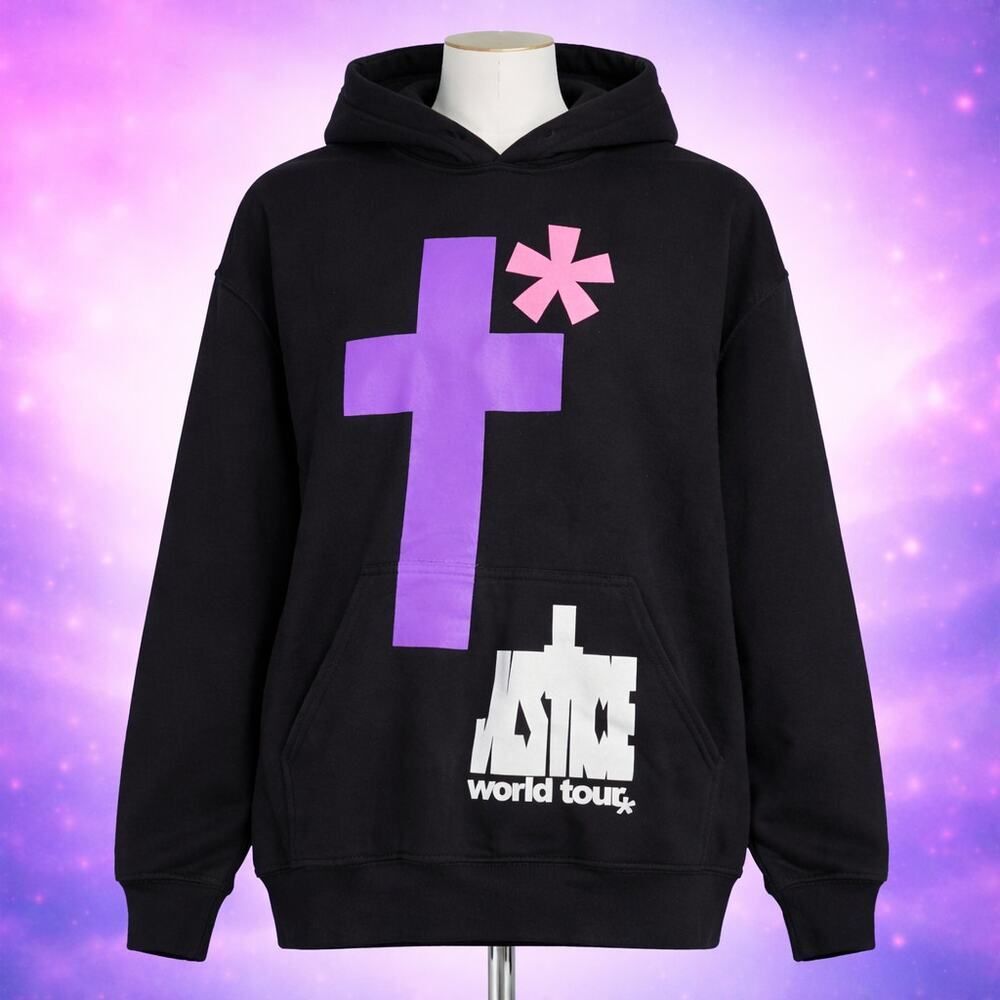 Justin Bieber Justice World Tour Hoodie Black Graphic Sweatshirt L